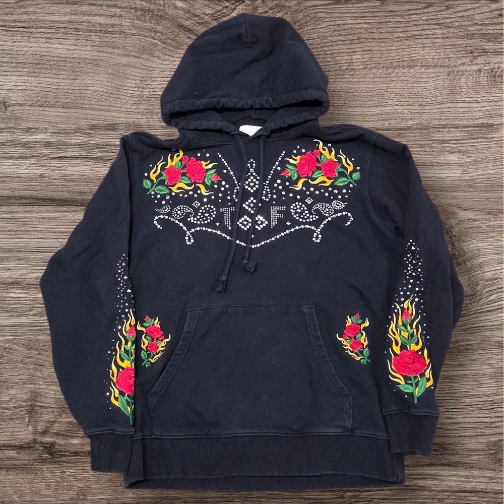 Teddy Fresh Hoodie Mens Medium Black  Rhinestone Rose Flame Embroidered